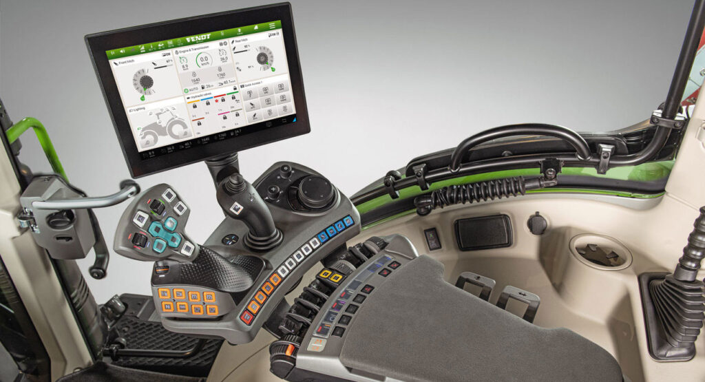 Fendt 700 Gen6 cab featuring the FendtOne operator's station for sale at Hanlon Ag Centre in Lethbridge, Alberta. New customizable multifunction armrest found on all new Fendt 700 Gen 6 tractors.
