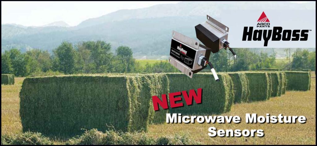 Hayboss microwave moisture sensors for large square balers. 77E Economy moisture sensor and 770MWM moisture sensor.