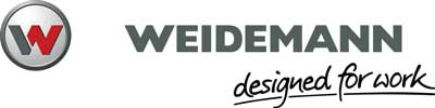 Weidemann logo with a red "W" in a silver circle on the left, followed by the text "WEIDEMANN" in bold grey letters and the slogan "designed for work" in a handwritten-style script underneath.