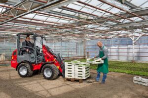 Weidemann 1160 loader transporting trays of plants in a greenhouse for horticultural work.