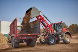 A red Weidemann wheel loader lifts and dumps a full bucket of loose material into the bed of a red dump trailer on a construction or agricultural site.