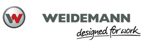 Weidemann logo with a red "W" in a silver circle on the left, followed by the text "WEIDEMANN" in bold grey letters and the slogan "designed for work" in a handwritten-style script underneath