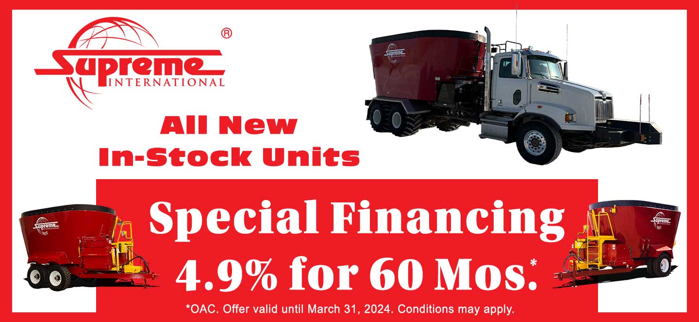 All new in-stock Supreme feed processors are available for purchase with a special financing rate of 4.9% for 60 months on approved credit. Offer valid until March 31, 2024