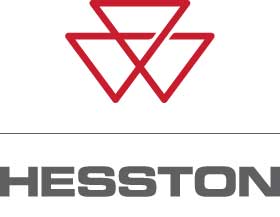 Hesston farm equipment logo featuring three red interlocking triangles above the Hesston name in bold grey text, displayed on a southern Alberta agricultural equipment dealer webpage.