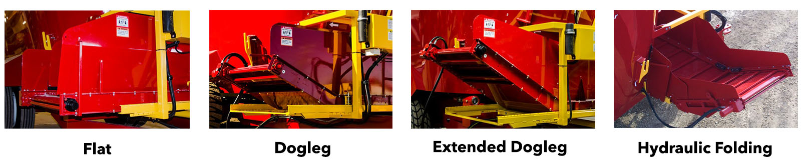 conveyor options include flat, dogleg, extended dogleg, hydraulic folding