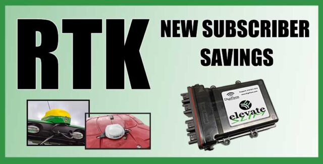 Graphic promoting RTK new subscriber savings with DigiFarm Elevate RTK correction module and tractor-mounted GPS receivers, highlighting precision agriculture solutions at Hanlon Ag Centre in Lethbridge, Alberta.