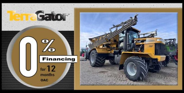 TerraGator 8400C agricultural sprayer with 0% financing for 12 months OAC, showcased on a dealership promotion banner, featuring the yellow sprayer on a lot under a clear sky.