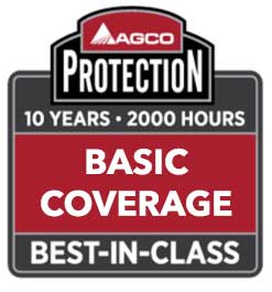 AGCO Protection badge displaying "10 Years • 2000 Hours", "Basic Coverage", and "Best-in-Class" in a red, black, and gray design.