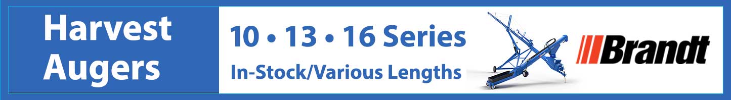 Brandt Harvest Augers Banner featuring 10, 13, and 16 Series models available in various lengths, showcasing a blue auger and Brandt logo.