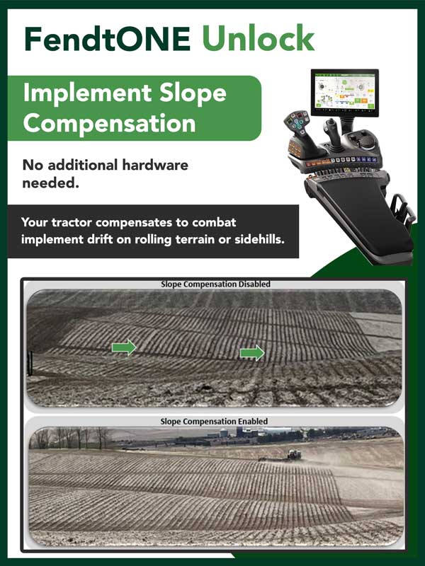 Promotional image for "FendtONE Unlock – Implement Slope Compensation." It highlights that no additional hardware is needed and that the tractor compensates for implement drift on rolling terrain or sidehills. The image includes a tractor control interface and two comparison photos: the top labeled "Slope Compensation Disabled" shows crooked, uneven rows on sloped terrain, while the bottom labeled "Slope Compensation Enabled" shows straight, uniform rows, demonstrating the effectiveness of the feature.