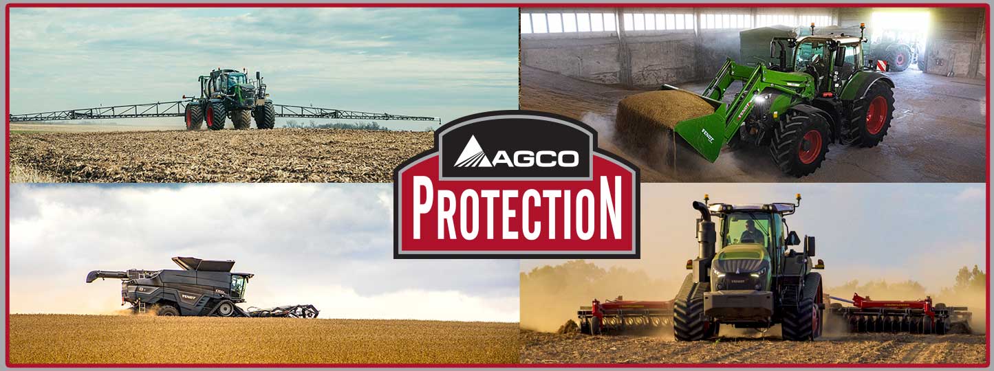 AGCO Protection banner showcasing Fendt farm equipment in action — including a Fendt sprayer in the field, a Fendt tractor with front loader handling hay indoors, a Fendt combine harvesting crops, and a Fendt tracked tractor performing tillage — with AGCO Protection logo centred for brand visibility.