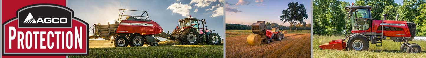 AGCO Protection banner featuring Massey Ferguson tractors and balers working in the field, showcasing reliable farm equipment for hay and forage production.