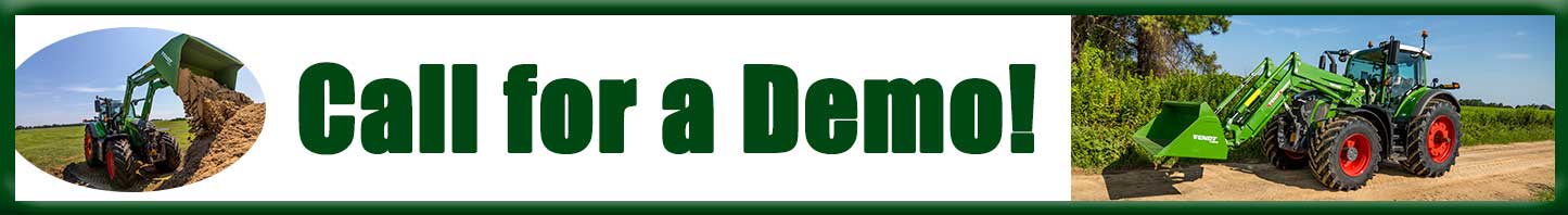 Fendt 600 tractor with loader demo promotion – green loader tractor moving dirt in a field and parked on a farm lane, banner reads 'Call for a Demo
