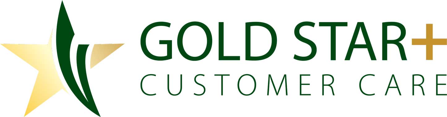 Gold Star+ Customer Care logo featuring a stylized gold star with a green abstract design and bold green and gold text, representing premium service and support in agricultural equipment care.