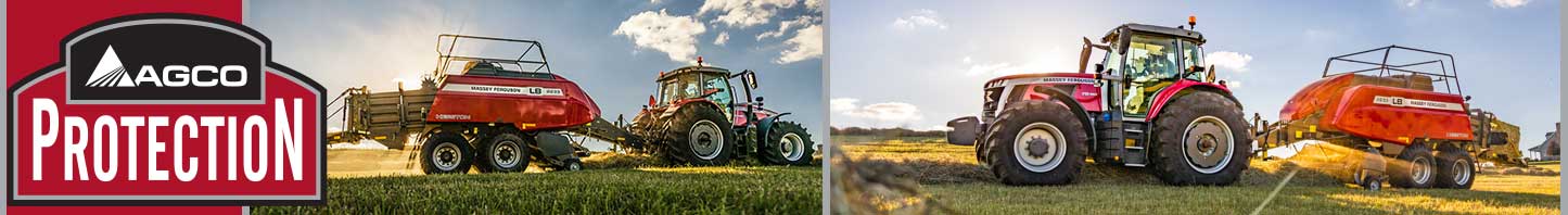 Massey Ferguson tractor with LB Series large square baler working in a hay field at sunset, supported by AGCO Protection extended equipment coverage.
