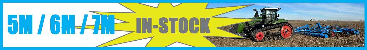 LEMKEN Karat 10 cultivator in-stock and available in 5m, 6m, and 7m working widths, shown in the field with a Fendt tracked tractor for efficient soil preparation.