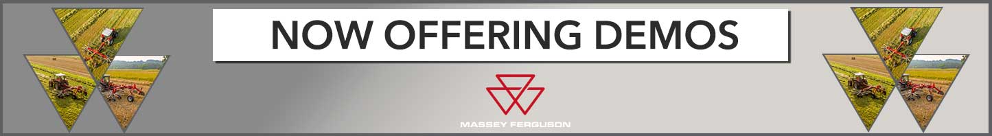 Now offering demos banner featuring Massey Ferguson farm equipment. Promotional graphic with Massey Ferguson logo and images of tractors working in the field, highlighting demo opportunities for agricultural machinery.