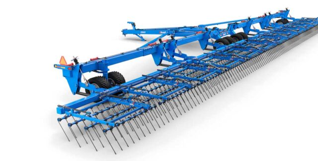 Large blue Brant 4024-48 field cultivator with multiple tine bars for efficient soil preparation.