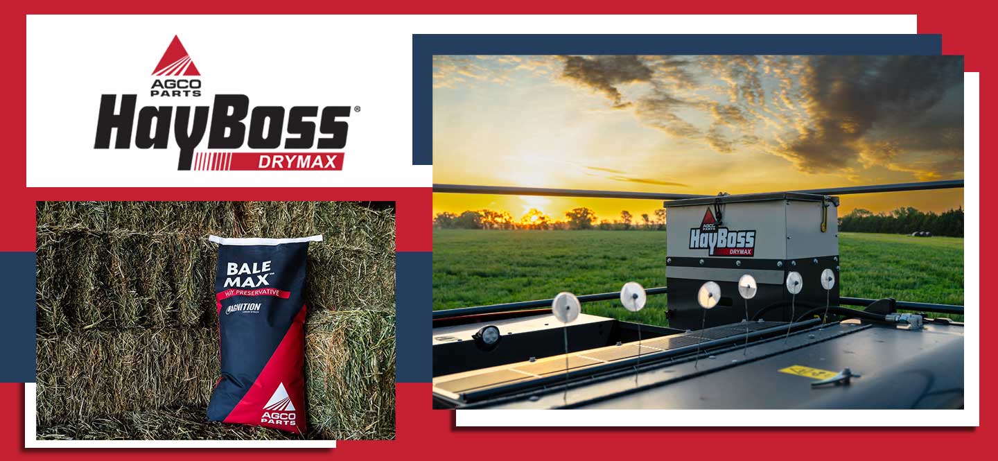 AGCO Parts HayBoss DryMax hay preservative system and Bale Max hay preservative bag displayed on a hay bale and baler in a southern Alberta field at sunset, available at Hanlon Ag Centre farm equipment dealership.
