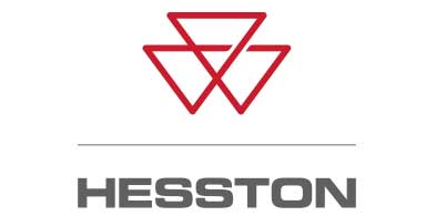 Hesston farm equipment logo featuring three red interlocking triangles above the Hesston name in bold grey text, displayed on a southern Alberta agricultural equipment dealer webpage.