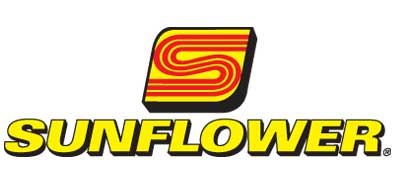 Sunflower farm equipment logo with bold yellow and red design, displayed on Hanlon Ag Centre’s southern Alberta dealership website.