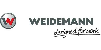 Weidemann logo with a red "W" in a silver circle on the left, followed by the text "WEIDEMANN" in bold grey letters and the slogan "designed for work" in a handwritten-style script underneath.
