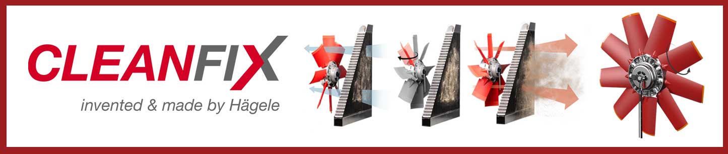 Cleanfix reversible fan diagram showing how the fan reverses airflow to blow debris from radiators, featured on Hanlon Ag Centre’s farm equipment webpage in southern Alberta.