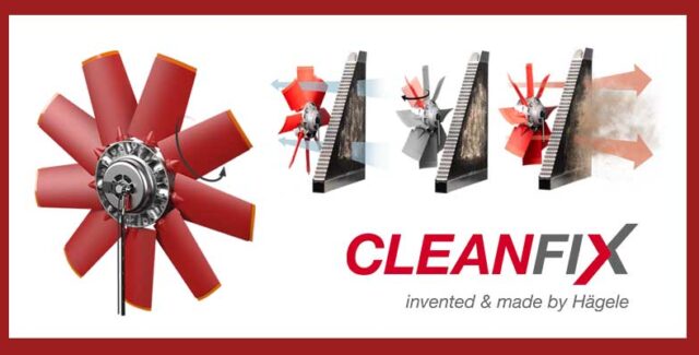 Cleanfix reversible cooling fan system by Hägele, shown clearing dust and debris from a radiator. Available at Hanlon Ag Centre in southern Alberta, Cleanfix fans improve engine cooling efficiency and performance for tractors and farm equipment.