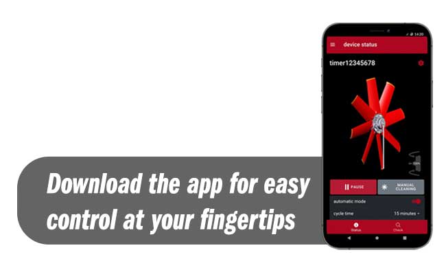 Smartphone displaying the Cleanfix reversible fan control app with the text “Download the app for easy control at your fingertips,” featured on Hanlon Ag Centre’s farm equipment webpage in southern Alberta.