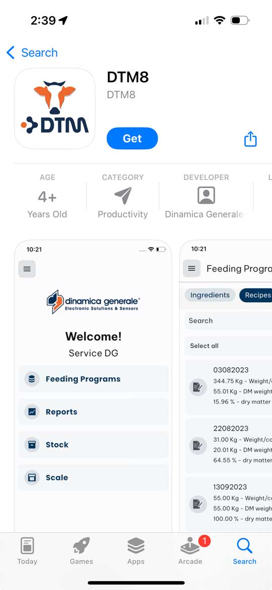 Screenshot of the Dinamica Generale DTM8 app on the App Store, showing feeding program and scale monitoring features for DG mixer scales, promoted by Hanlon Ag Centre in southern Alberta to improve livestock feeding efficiency.