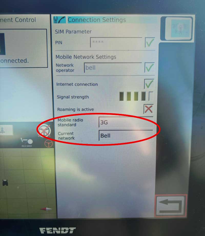 Farm tractor guidance display showing 3G cellular modem connection used for RTK and NTRIP corrections.