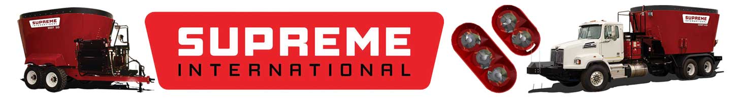 Supreme International feed mixers and truck-mounted TMR mixers displayed by Hanlon Ag Centre in southern Alberta, showcasing durable red Supreme vertical feed mixers for efficient livestock feeding operations.