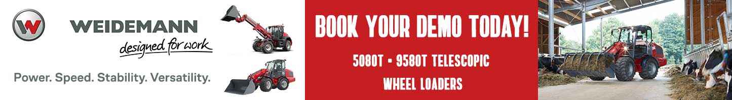 Banner promoting Weidemann telescopic wheel loaders at Hanlon Ag Centre in southern Alberta, featuring the 5080T and 9580T models with text “Book Your Demo Today” and images of Weidemann loaders working in a livestock barn, highlighting power, stability, versatility, and in-stock demo availability.
