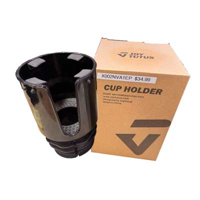 Tractor cup holder extension displayed next to its packaging, designed to fit standard tractor cabs for added convenience and secure beverage placement – available at Hanlon Ag Centre, Lethbridge, Alberta.