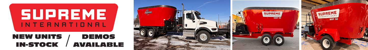 Supreme International feed wagons and feed trucks for cattle feeding, for sale at Hanlon Ag Centre in southern Alberta, showcasing red Supreme feed mixers on wagons and truck chassis.
