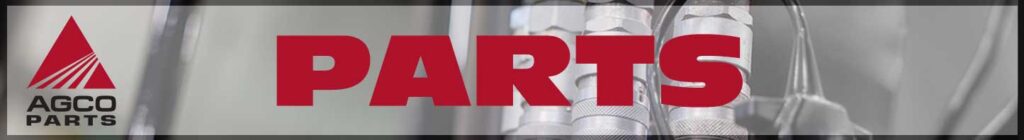 Hanlon Ag Centre banner featuring the AGCO Parts logo and the word “Parts,” with hydraulic hose fittings visible in the background, highlighting farm equipment replacement parts and maintenance supplies for tractors and agricultural machinery in southern Alberta.