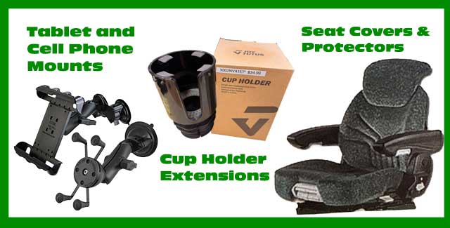 Tractor and farm equipment cab accessories featuring tablet and cell phone mounts, cup holder extensions, and protective tractor seat covers sold by Hanlon Ag Centre in southern Alberta.