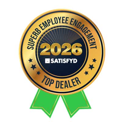 2026 Superb Employee Engagement Top Dealer award badge from Satisfyd displayed on Hanlon Ag Centre farm equipment dealership website in southern Alberta