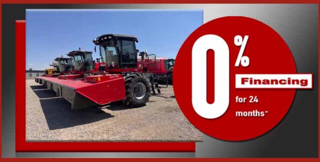 Massey Ferguson WR9870 windrower for sale at Hanlon Ag Centre in southern Alberta, parked on dealership lot for hay and forage harvesting, used windrower with 16-foot header and low hours