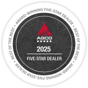 AGCO Five-Star Dealer 2025 award badge awarded to Hanlon Ag Centre in southern Alberta, dealership excellence recognition for outstanding customer service, equipment support, and precision agriculture expertise from AGCO dealership network