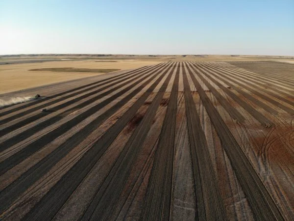 Aerial view of a large harvested field with long, straight crop rows converging toward the horizon, and equipment working in the distance under a clear sky
