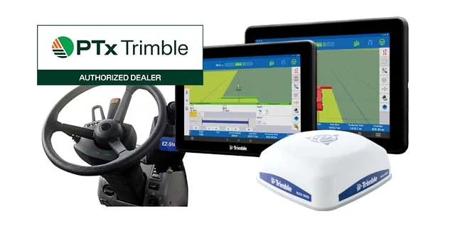 PTx Trimble Authorized Dealer graphic showing Trimble display screens, an EZ-Steer steering wheel controller, and a white GNSS receiver dome
