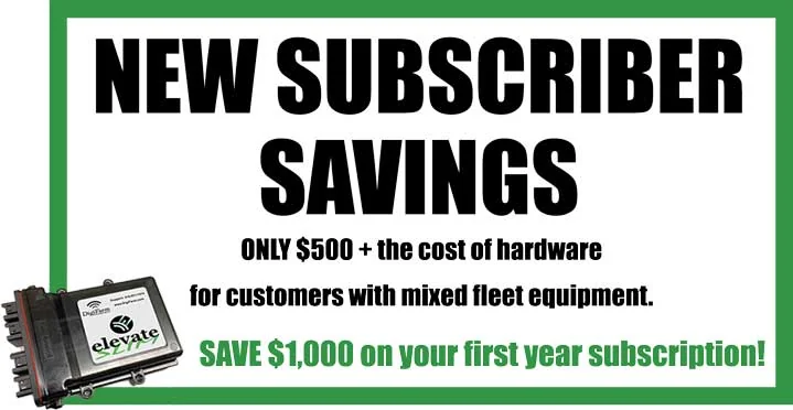 New Subscriber Savings promotion: only $500 plus the cost of hardware for customers with mixed fleet equipment—save $1,000 on your first year subscription. Shows an Elevate DigiFarm RTK receiver module