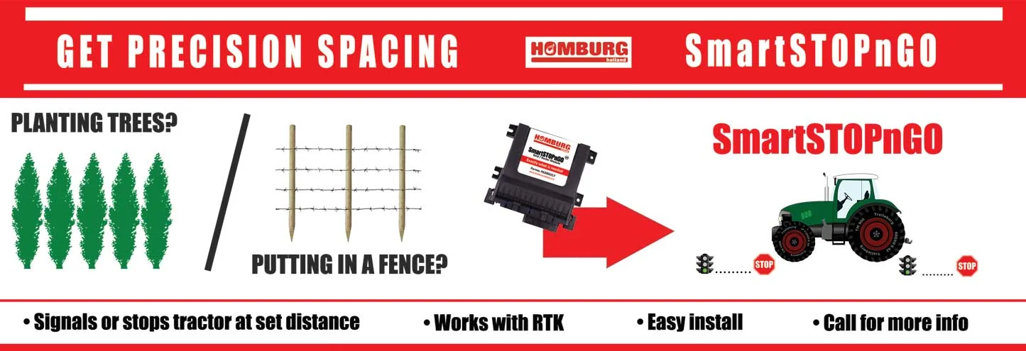 Homburg SmartSTOPnGO precision spacing banner for planting trees or installing fences: signals or stops the tractor at a set distance, works with RTK, easy install. Shows the control module and a tractor stopping between marked points