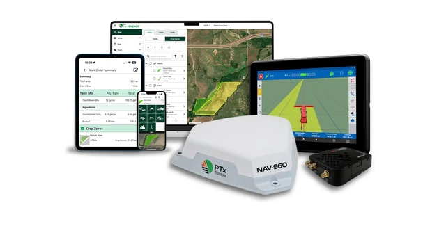 PTx Trimble FarmEngage farm management software shown on a desktop monitor, tablet, and phone alongside a Trimble in-cab guidance display, a white NAV-960 receiver, and a GNSS modem