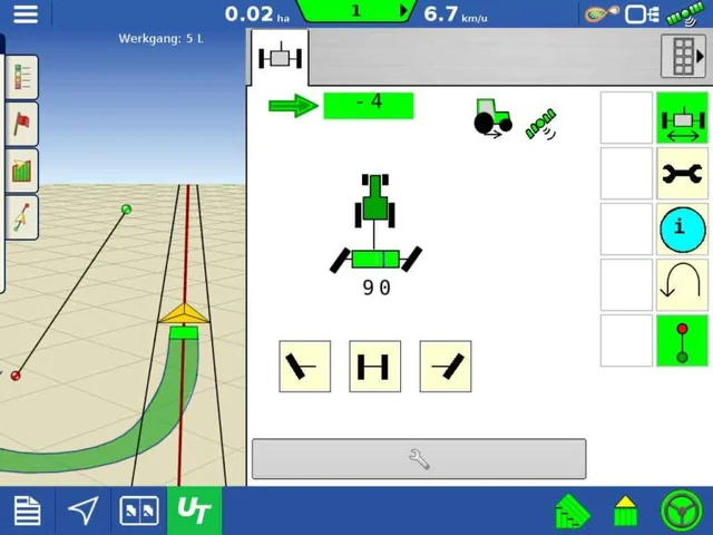 A tractor guidance display showing the SmartSteer headland-turn interface, with a green field coverage map on the left and turn-direction controls and implement settings on the right